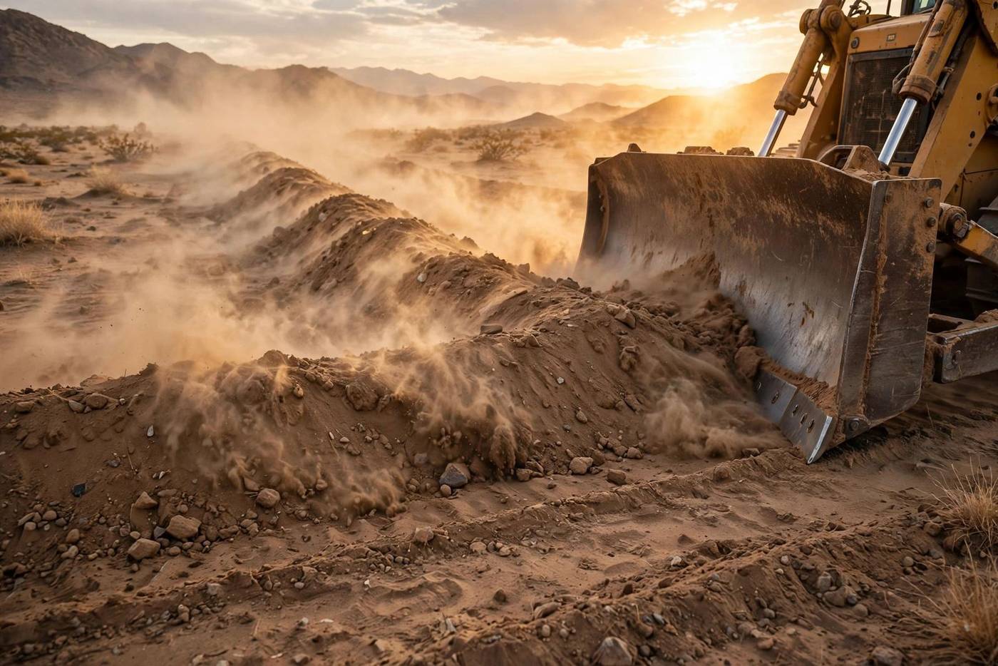 Bulldozer blade pushing desert earth, low angle