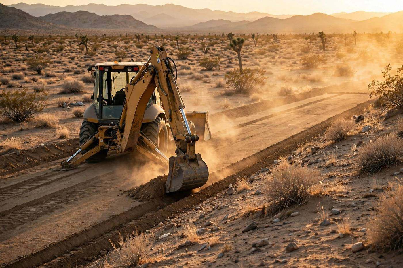 Backhoe cutting a grade line through desert earth at golden hour