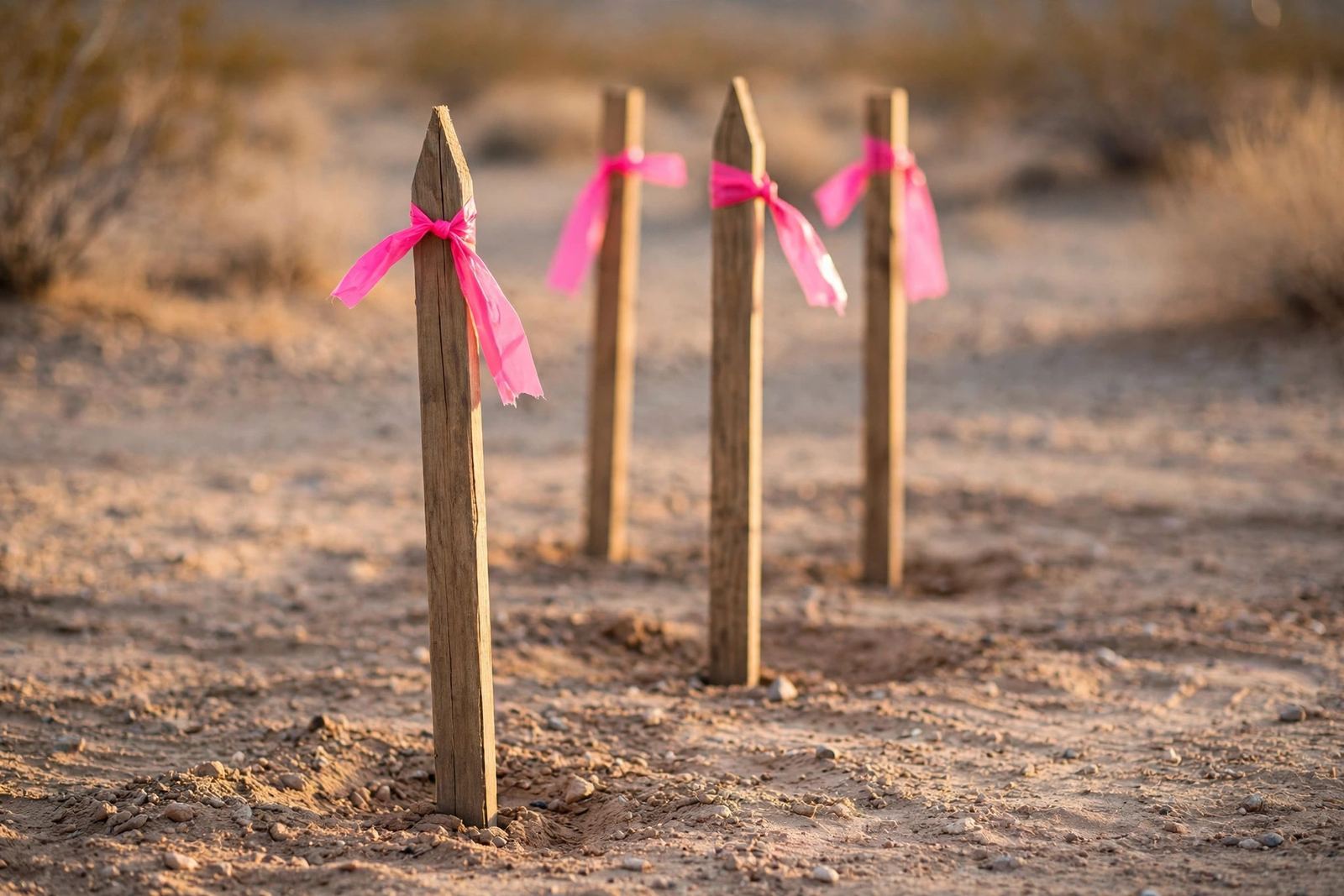 Grade stakes with pink surveyor flagging tape in freshly graded dirt